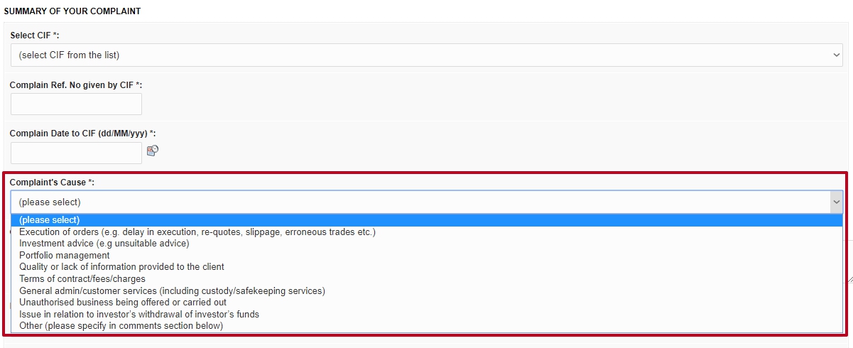 список причин обращение в регулятор CySEC