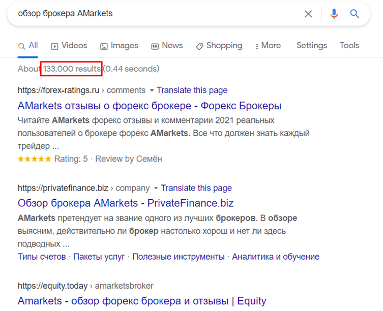 АМаркетс в поиске данные об Амаркетс