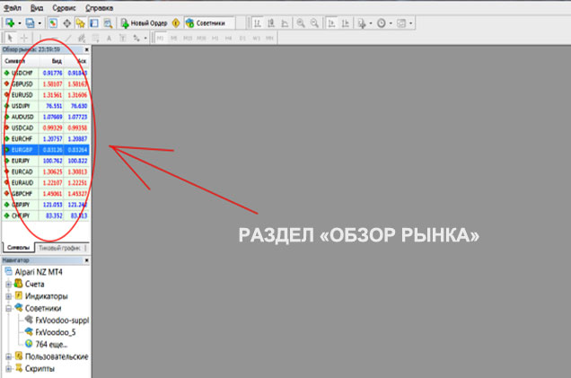 Metatrader котировки, окно Раздел валютных пар в MT4