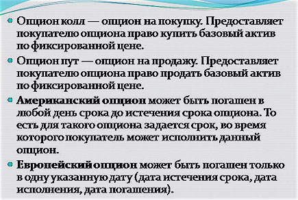 термины опционов Виды опционов