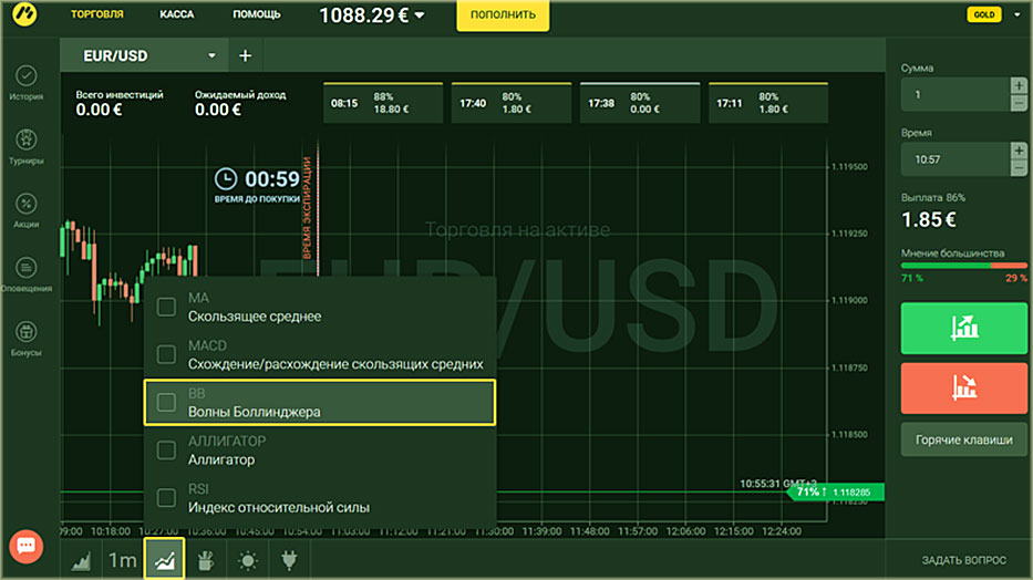 выбор волны Боллинджера вызываем индикатор под опционы