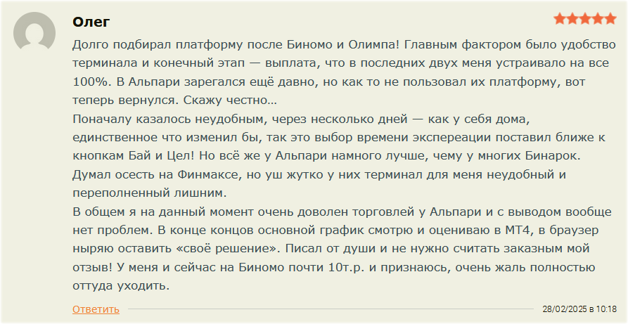 Трейдер пишет отзыв о работе с Alpari и его бинарными контрактами.